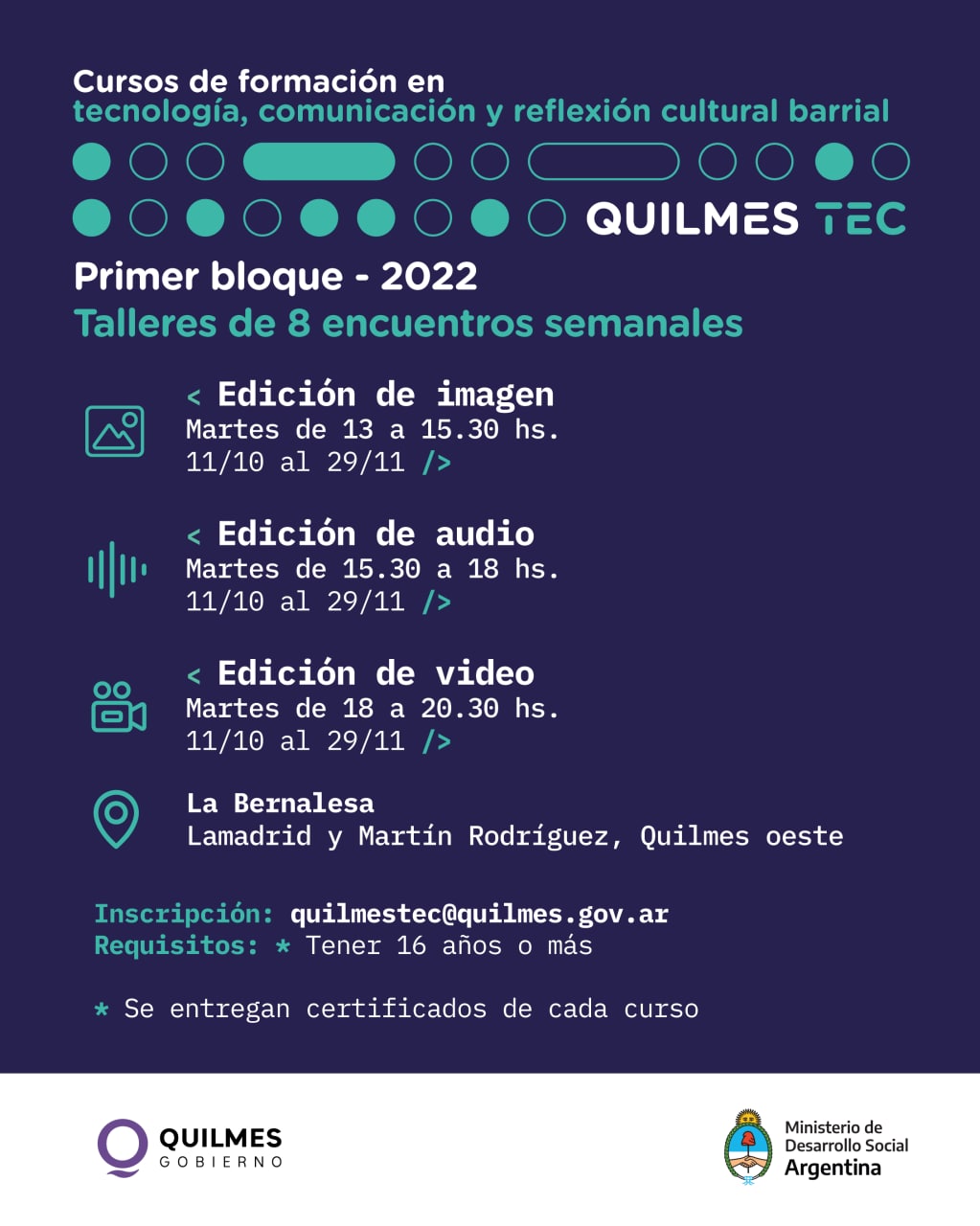  HABRÁ CURSOS DE FORMACIÓN TECNOLOGICA, COMUNICACIÓN Y REFLEXIÓN CULTURAL