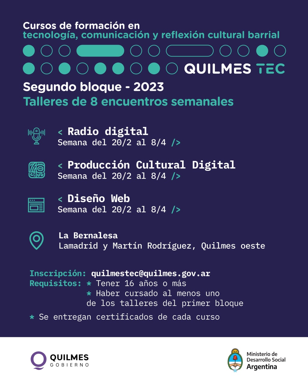  HABRÁ CURSOS DE FORMACIÓN TECNOLOGICA, COMUNICACIÓN Y REFLEXIÓN CULTURAL