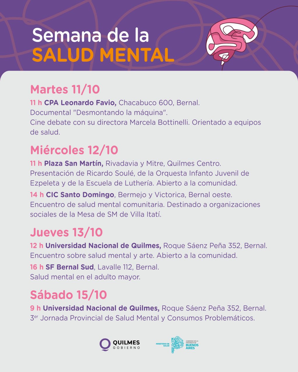 SEMANA DE LA SALUD MENTAL: DISTINTAS ACTIVIDADES EN EL MUNICIPIO DE QUILMES